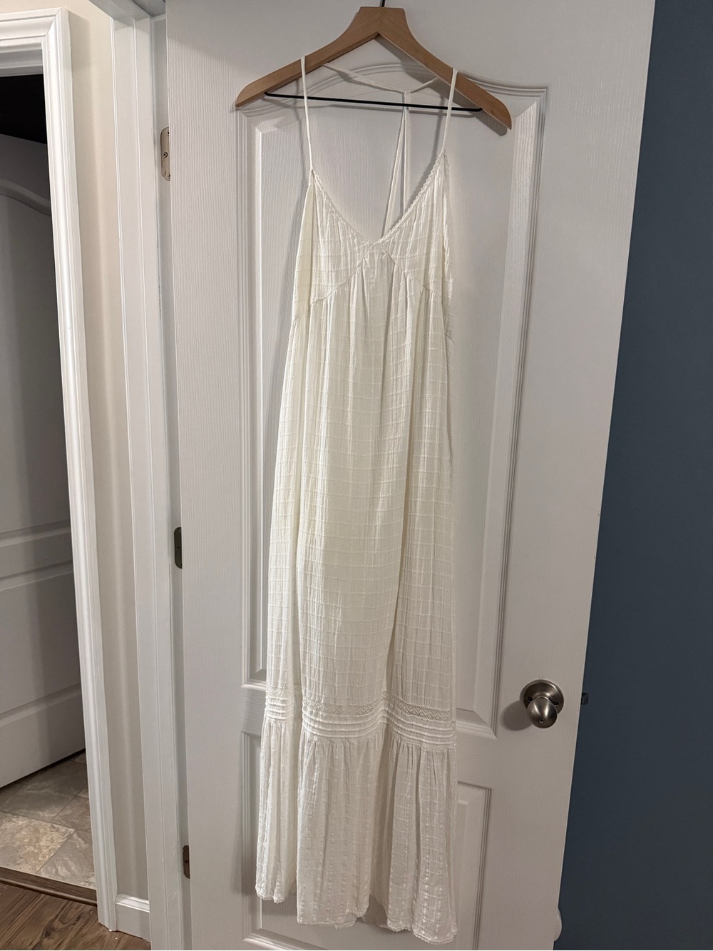 aerie White Maxi Dress with V-Neck and Ruffle Hem